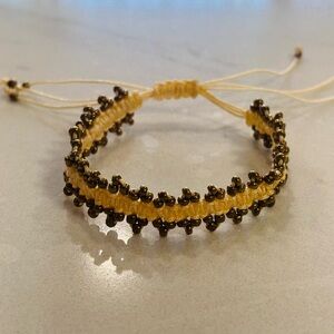 Handmade Macrame Bracelet Beige & Gold - Boho Adjustable Woven Bead Jewelry